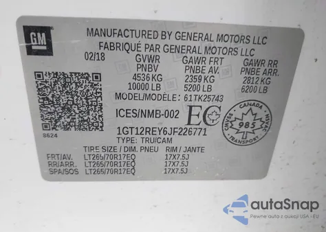 2018 GMC Sierra 2500Hd z USA, uszkodzony, nr VIN 1GT12REY6JF226771